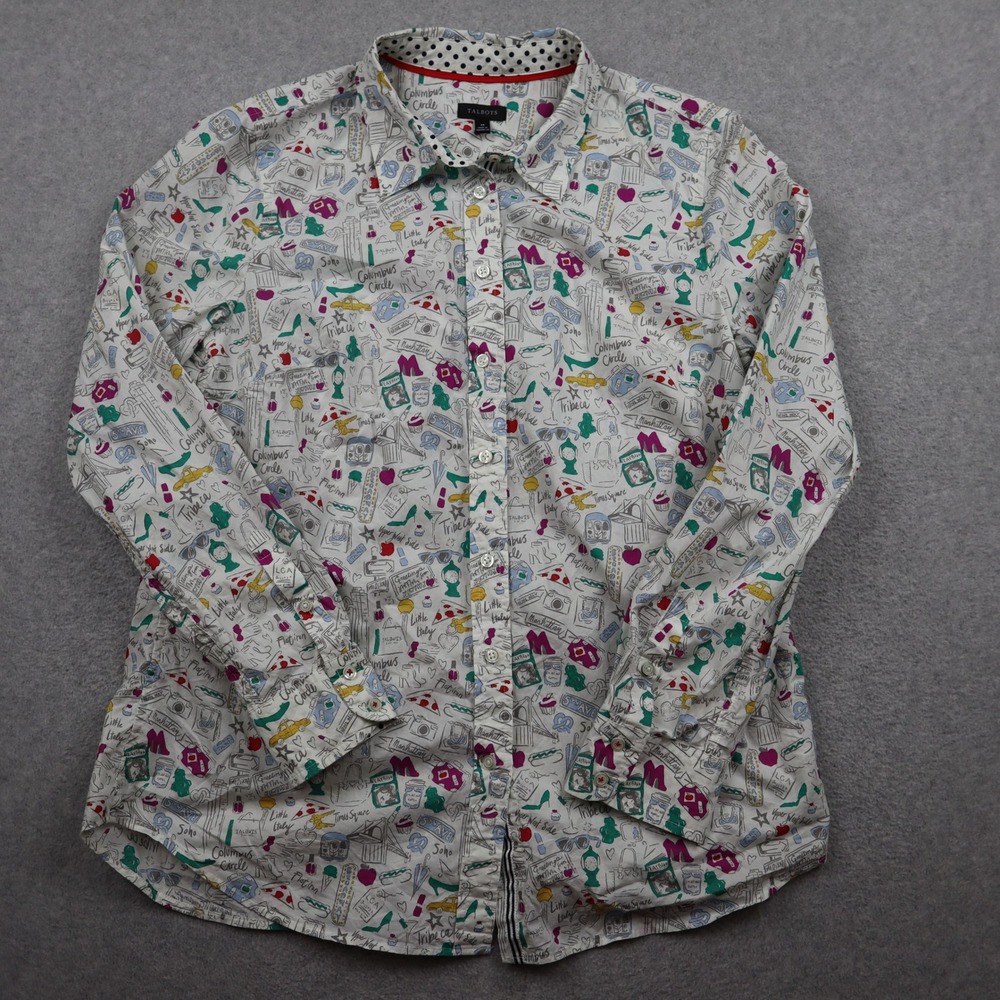 Talbots Button Down Women Medium NYC Novelty Print White Multi Long Sleeve Shirt
